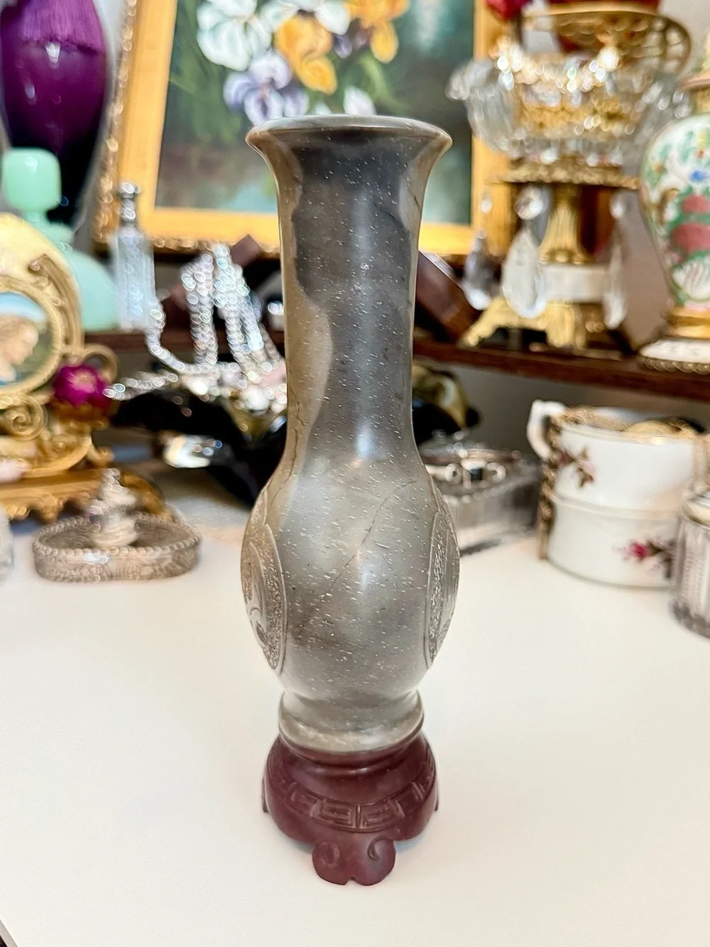 Vintage Chinese Hand-Carved Soapstone Vase – Phoenix & Bat Motif